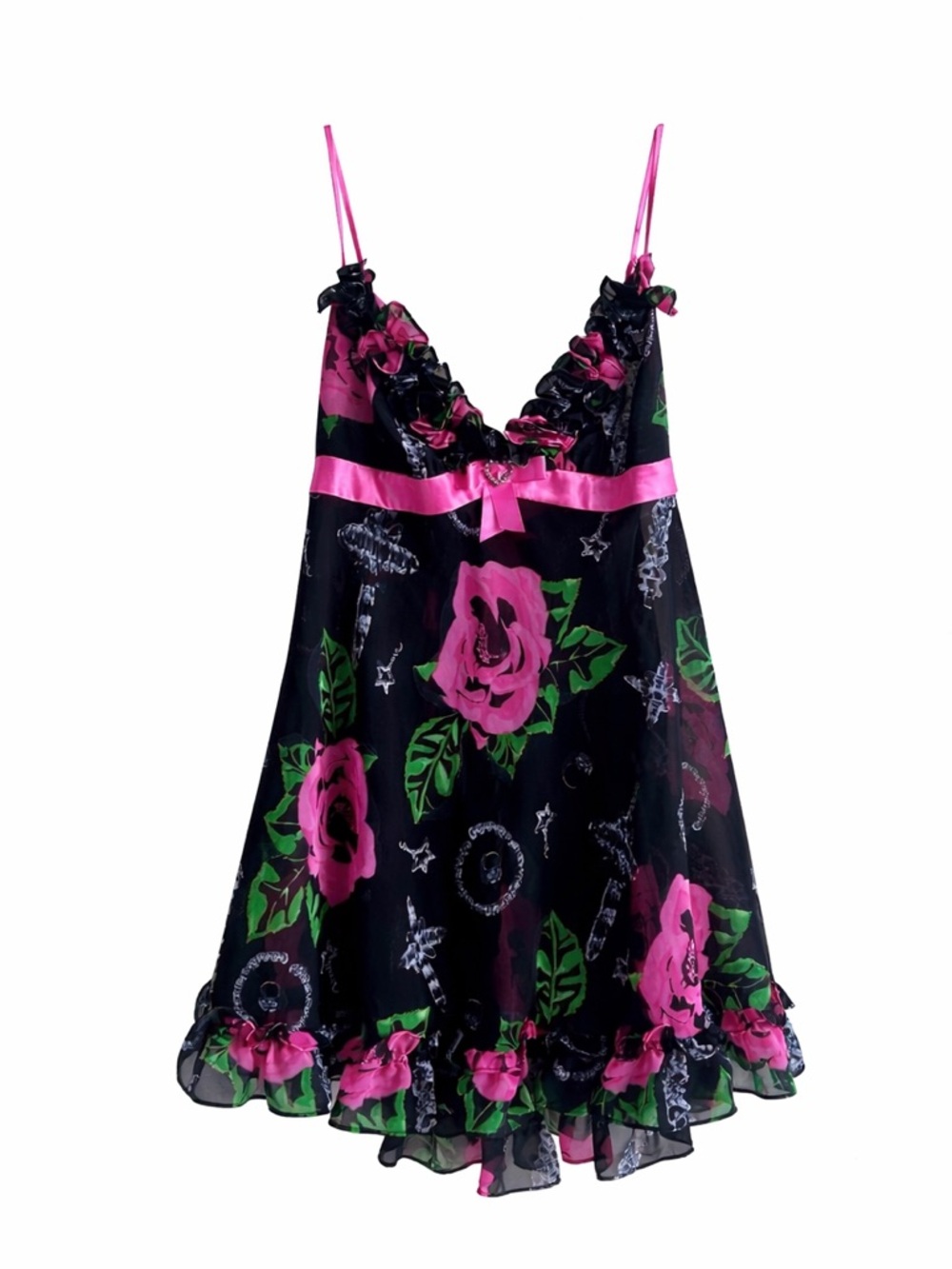 Y2K Betsey Johnson Pink Rose Babydoll Ruffle Slip Dress